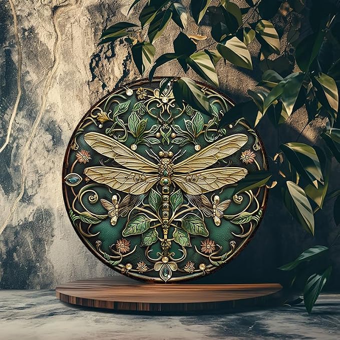 1pc 8x8inch Art Nouveau Dragonfly Aluminum Metal Sign - UV Resistant, Waterproof Decorative 2D Round Sign for Restaurant & Home Decor