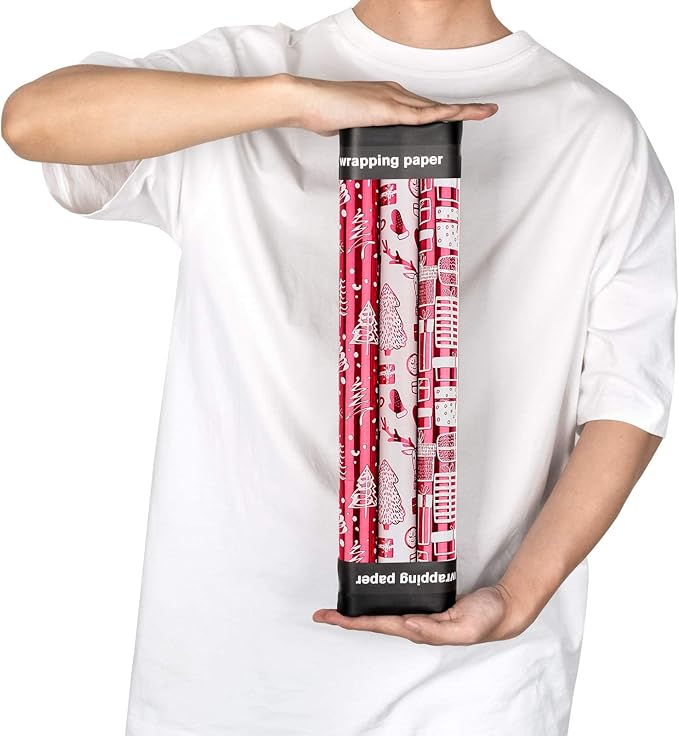 MAYPLUSS Wrapping Paper Roll - Mini Roll - 17 inch X 120 inch Per roll - 3 Different Red and White Christmas Design with Glitter Metallic Foil Shine (42.3 sq.ft.ttl)