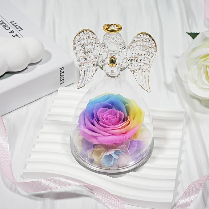 Sunia Preserved Flower Rose Gift for Women - Mother's Day Birthday Gifts for Mom Wife Grandma, Glass Angel Figurines Forever Real Roses Gifts for Her Valentine Day Thanksgiving﻿ (Rainbow)