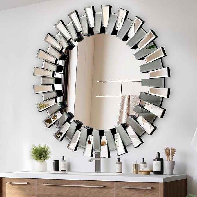 QDSSDECO Round Mirror Sunburst Wall Mirror 31.5" Beveled Edge Frameless for Living Room Bathroom Bedroom Entryway Decor