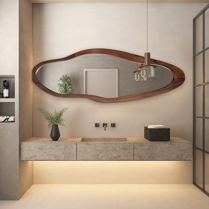Irregular Full Length Mirror, 67"x24" Wooden Farmhouse Full Body Mirror, Large Asymmetrical Wall Mirrors for for Living Room Entryway Bedroom, Horizontal/Vertical, Woodgrain Brown