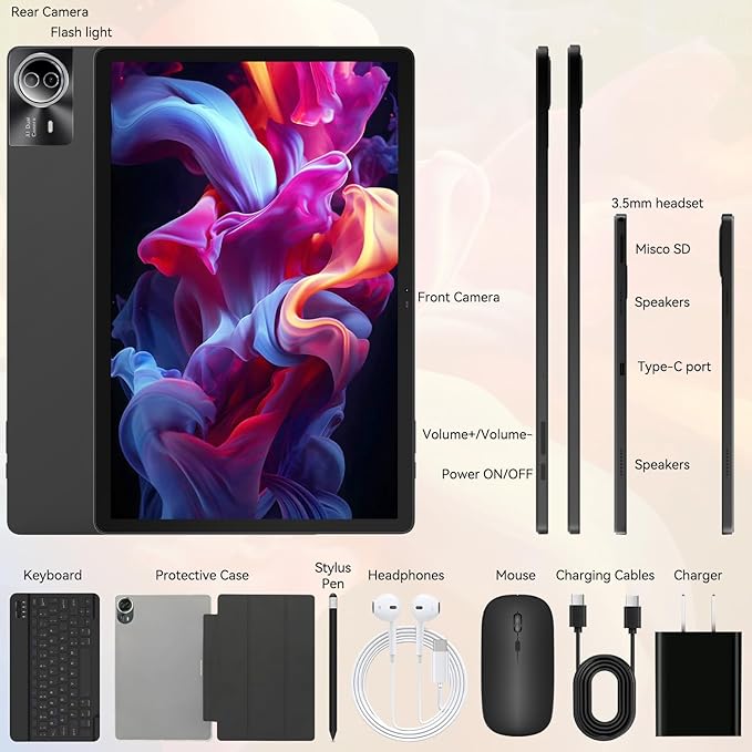 URAO Tablet｜14 inch Android 15 Tablet｜30GB RAM 256GB ROM｜1920 * 1200 IPS FHD｜10000mAh 30W Fast Charging｜Octa-core Processor｜Wi-Fi 6, BT 5.4｜Dual Camera with Keyboard｜Mouse｜Stylus｜Case｜Headphone