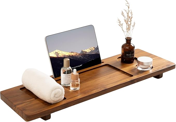 Teak Bathtub Tray - Wood Bath Caddy Tray 29" for Small Tubs - Adjustable Bathtub Table Trays - Luxury Shower Organizer for Home Spa Relaxation and Reading - Light Walnut Color
