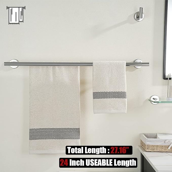 JQK Chrome Towel Bar, 27 Inch 304 Stainless Steel Thicken 0.8mm Double Bath Towel Rack for Bathroom, Towel Holder Polished Chrome Wall Mount, Useable Length 24 Inch 2 Pack, TB100L24-CH-P2