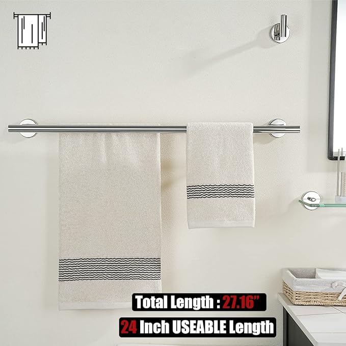 JQK Chrome Towel Bar, 24 Inch 304 Stainless Steel Thicken 0.8mm Double Bath Towel Rack for Bathroom, Towel Holder Polished Chrome Wall Mount, Total Length 27.16 Inch, TB100L24-CH