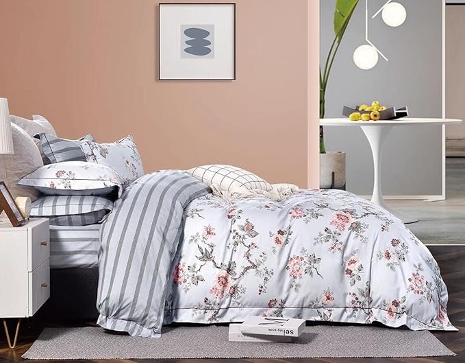FADFAY Duvet Cover Set Elegant Floral Bedding Shabby Grey Bird Flower Quilt Cover Set Vintage Farmhouse Bedding 100% Cotton Comforter Cover Set with Zipper Closure 3Pcs, King/California King Size