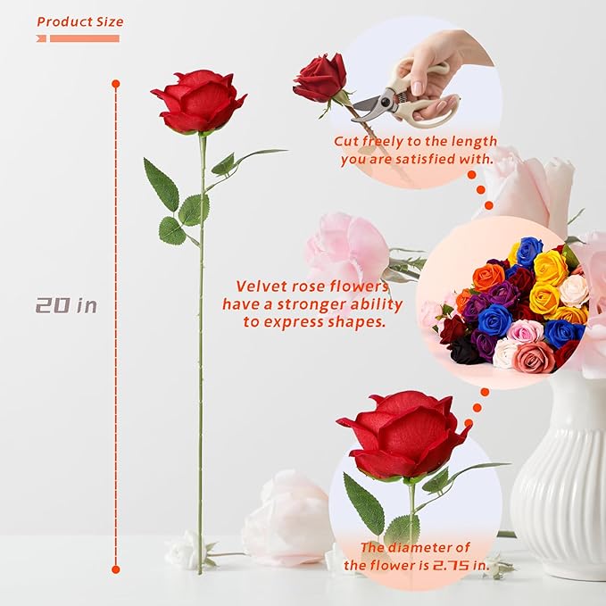 Red Artificial Rose Flowers, 12 Pcs Silk Roses with Long Stems, Realistic Fake Roses for Wedding Centerpiece Party Home and Office DIY Decor