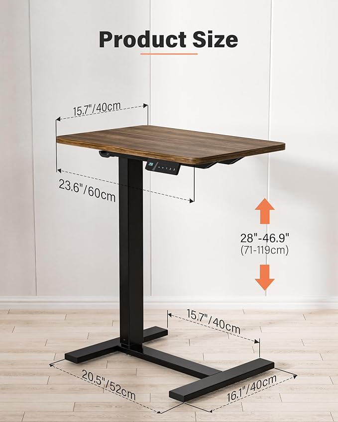 FiCiHi Small Electric Standing Desk - Adjustable Height Bedside Laptop Table with Wheels, Mobile, Portable Rolling Computer Workstation Sit Stand Table for Home Office, Sofa, Couch Use(28x16,Walnut)