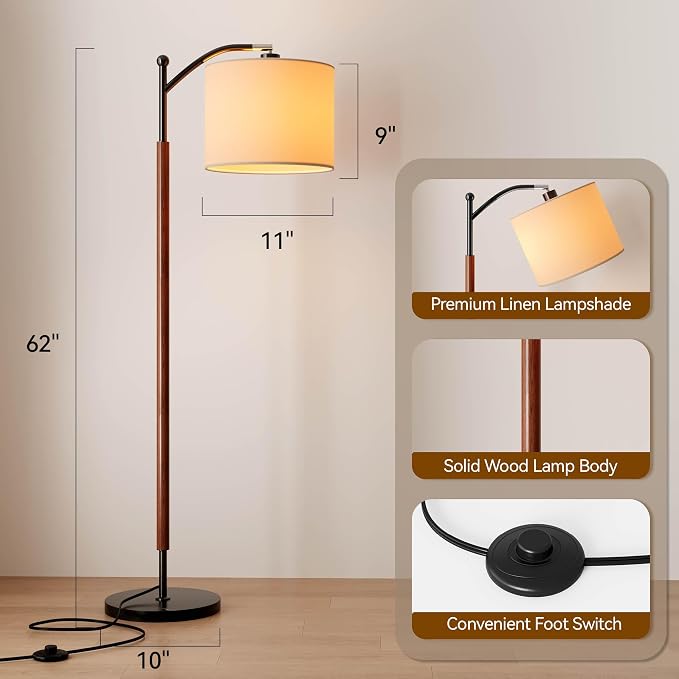 Arc Floor Lamp, Corner Mid Century Modern Floor Lamp, Standing Lamp with Adjustable Hanging Lampshade and Marble Base, Floor Lamps for Living Room, Bedroom, Office, Walnut Brown