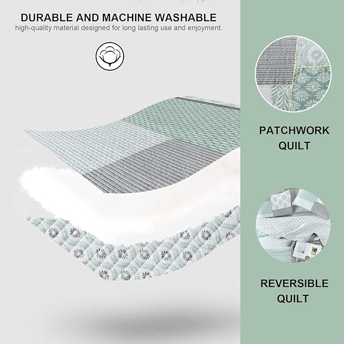 PANGUSHAN Quilt Set King Size, 100% Cotton Bedspread Quilt Bedding Set, Patchwork Reversible Floral Quilt for King Bed, Green/Grey/White Bed Spread, Lightweight Comforter for All Season, 3 Pieces