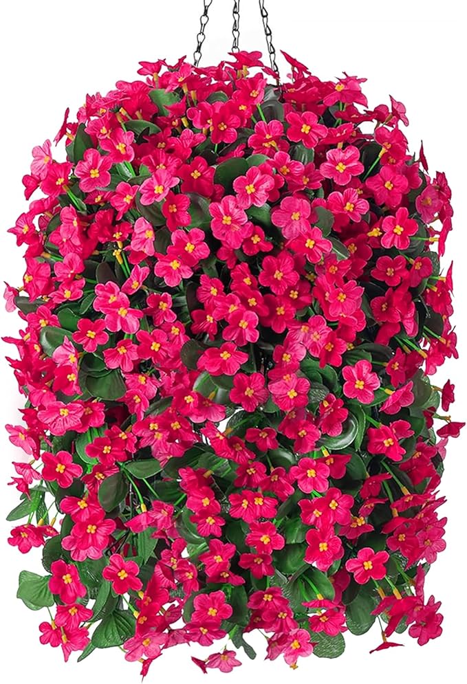 Artificial Fake Hanging Flowers Plants Baskets for Outdoor Outside Porch Decoration, Faux Silk Hotpink Realistic UV Resistant Orchid Long Vines in Planter for Spring Summer Home Patio Balcony