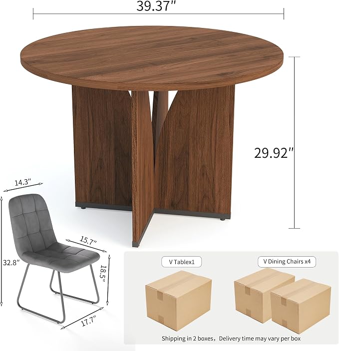 HIPIHOM Modern Round Dining Table Set for 4, 39.4" Walnut Kitchen Table with 4 PU Leather Chairs, 5-Piece Mid-Century Dining Room Set for Small Spaces, Pedestal Base
