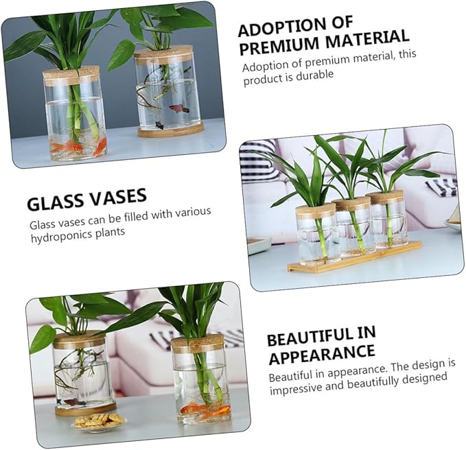 VILLCASE 2pcs Wood Art Glass Vase with Cork Stopper for Hydroponic Plants Decorative Flower Pot for Indoor Greenery Minimalist Plant Vase for Home and Office Decor