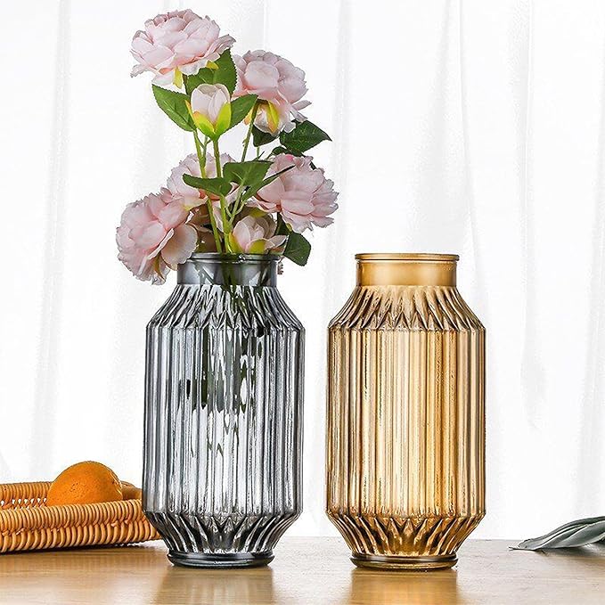 Flower Vase,Glass Vase,9.2 inch,Vintage Clear Ribbed Glass Vase for Home Decor,Bookshelf,Dinner Table,Indoor Office Desktop,Meeting Room,Home Christmas Day Decoration
