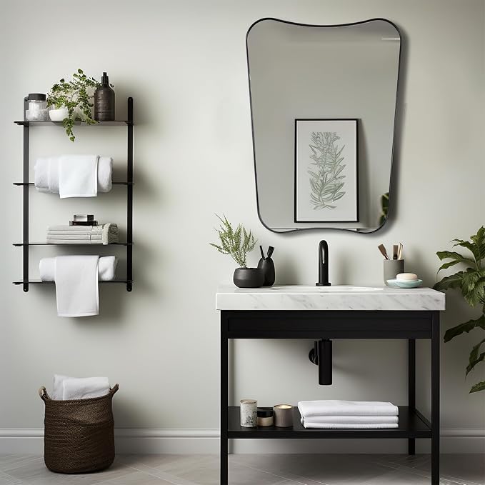 ANDY STAR 24"x32" Matte Black Mirror, Bathroom Mirror for Over Sink, Modern Irregular Shaped Mirror in Rust-Proof Stainless Steel 1” Frame, Decorative for Bathroom, Bedroom or Entryway