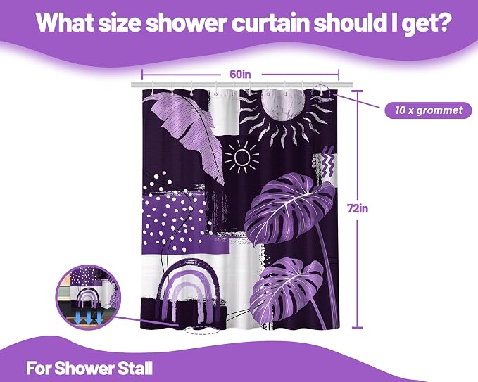 Purple Mid Century Modern Shower Curtain Bohemian Abstract Lavender Shower Curtains for Bathroom Decor Sets, Waterproof Cloth Fabric with Hooks, 60x72 Inch