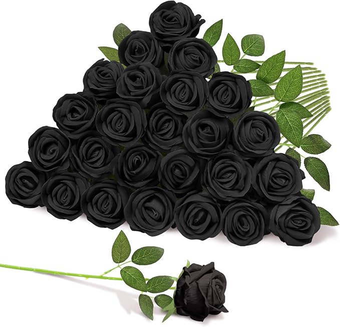 22 Pcs Artificial Roses - Realistic Velvet Flowers with Stems, Bulk Faux Roses for Home Wedding Party Decor (Black)