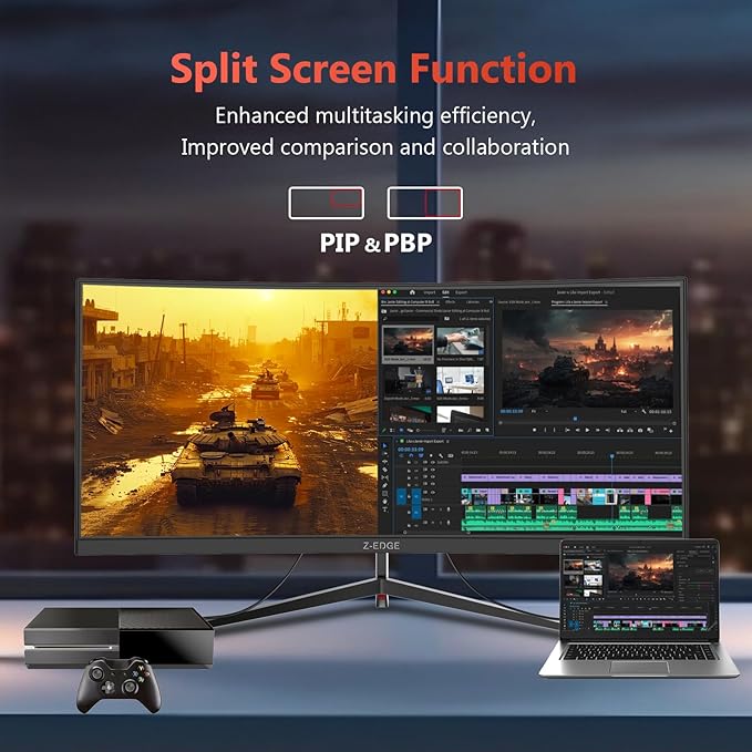 Z-Edge 30" Curved Gaming Monitor, WFHD1080P 200Hz 165Hz Monitor, MPRT 1ms, 21:9 Aspect Ratio, 1500R Curved, 16.7M Colors, 3000:1 Contrast, UG30 PIP-PBP, 2X DP 1.4 Ports and 2X HDMI 2.0 Port