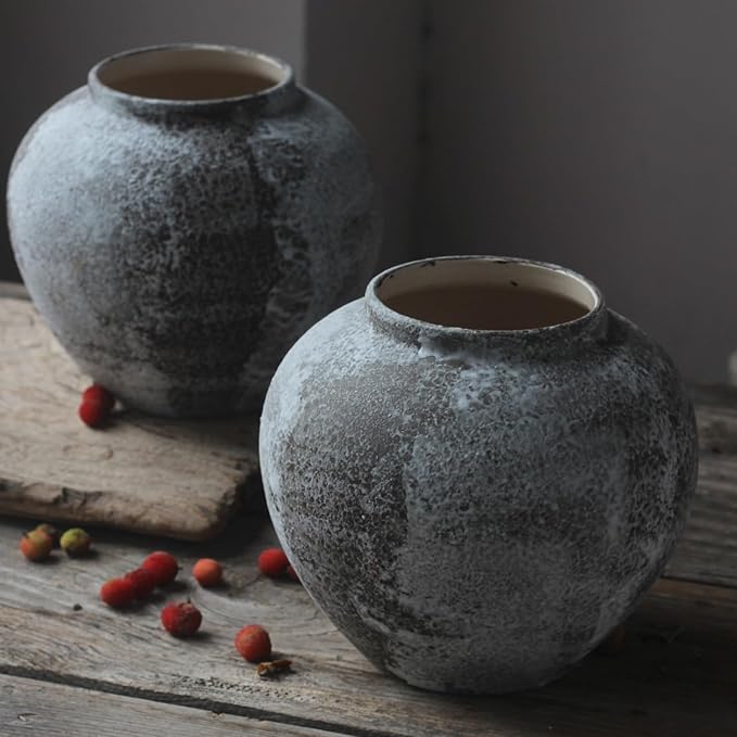 Rustic Distressed Large Ceramic Vase, 8.6 inch Terracotta Pottery Tall Decorative Vases, Concrete Vases Clay Stone Antique Big Vase for Home Decor (Round 8.6 in X 8 in)