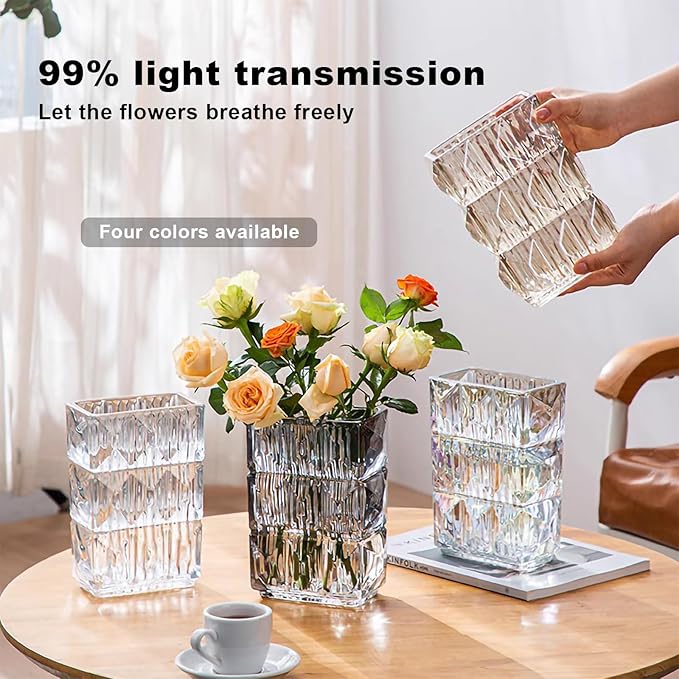 Glass Flower Vase, Clear Crystal Vases for Centerpieces, Heavy Handmade Modern Vases for Decor Home Bedroom Kitchen Office Living Room, 7.88 Inch (Clear Amber)