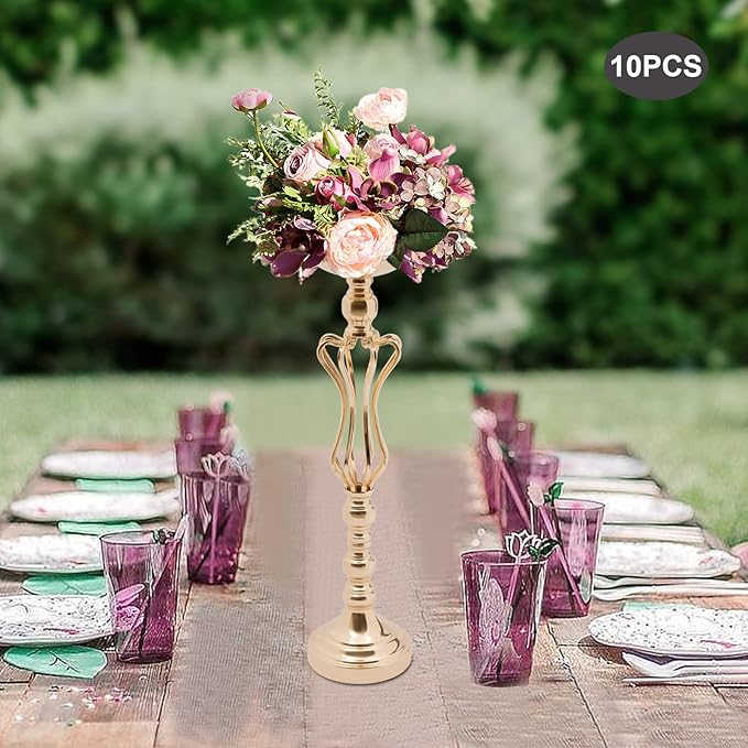 10Pcs Gold Flower Vase for Wedding Table Centerpieces 21.7" Tall Large Metal Flower Trumpet Vases DIY Flower Display Organizer for Anniversary Decor(10Pcs/Gold)