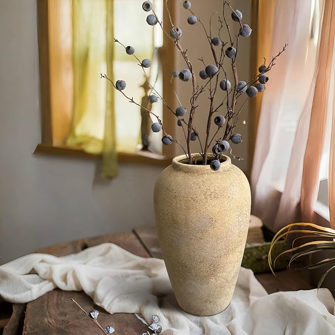 12 Inch Farmhouse Decor Ceramic Rustic Vase,Beige Handmade Flower Vases for Centerpieces,Pottery Vase for Living Room,Kitchen & Bedroom Decor,Vintage Ceramic Vases for Wedding