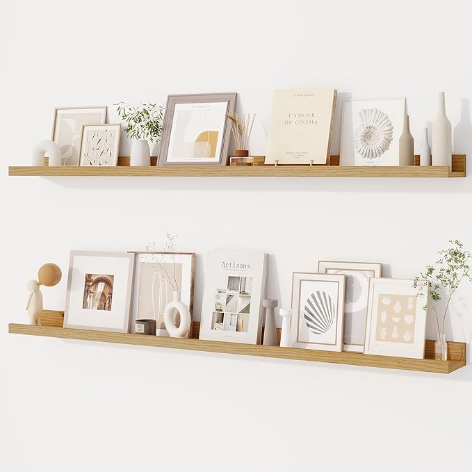 Dreamland Picture Ledge Shelf for Wall, Floating Shelves Set of 2, 48 Inch Long Floating Shelves with Lip for Living Room, Bedroom, Bathroom, Kitchen, Oak