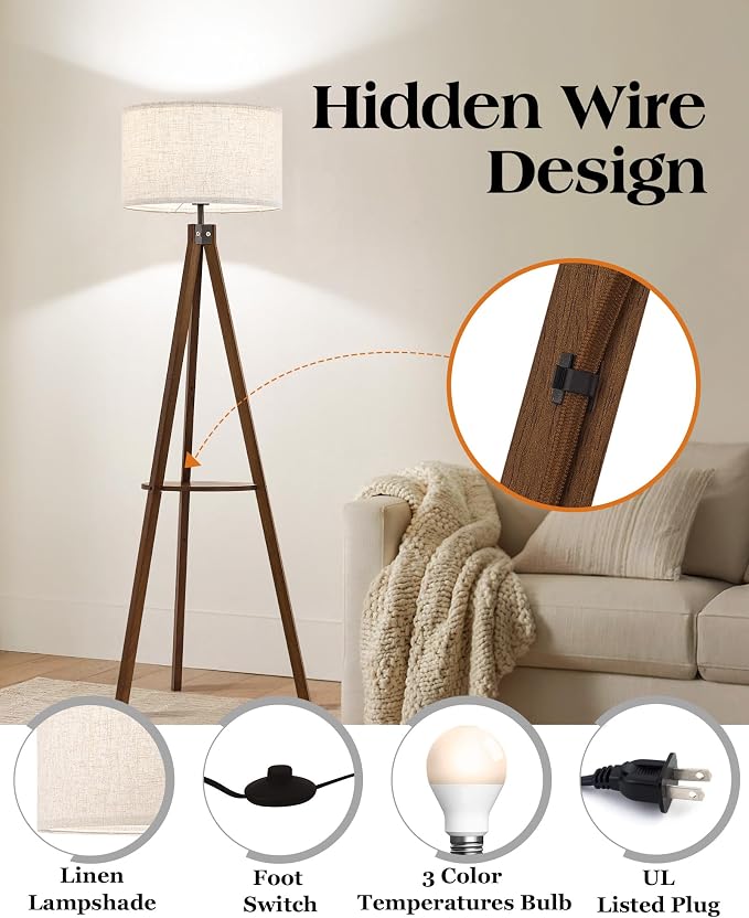 ELYONA Tripod Floor Lamp with Table, Mid Century Wood Shelf Standing Light Modern Tall Floor Lamp with Linen Shade for Living Room Bedroom Office,Dark Brown, 3 Color Temperatures LED Bulb Include