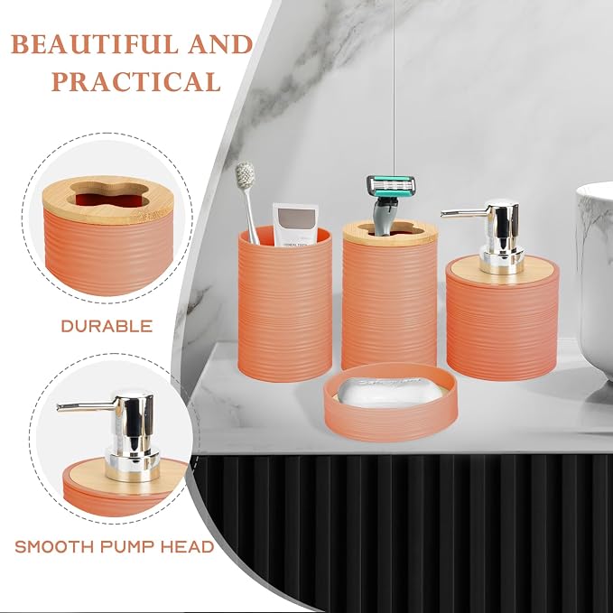 4 Pieces Bamboo Bathroom Accessories Set, Bathroom Accessory Set with Soap Dispenser and Toothbrush Holder, Soap Dish and Toothbrush Cup, Boho Bathroom Decor(Orange)
