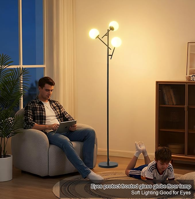 Fiqevs Mid Century Modern Floor Lamp -3 Adjustable Globe Lamps, Including LED Bulbs, Black Standing Light for Living Rooms bedrooms