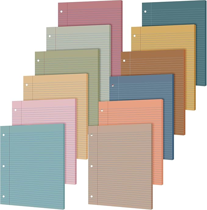 PerKoop 600 Sheets Colored Loose Leaf Paper 8.5" x 11" college ruled Lined 3 Hole Punched notebook Filler Paper for 3 Ring Binders Office School Supplies (Muted Colors)