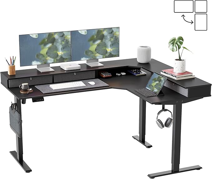 FEZIBO L Shaped Electric Standing Desk, 63 x48 inch Large with Drawers | Reversible Tabletop, 2 Memory Height Settings | Home Office & Gaming Height-Adjustable Table, Black Top/Black Frame