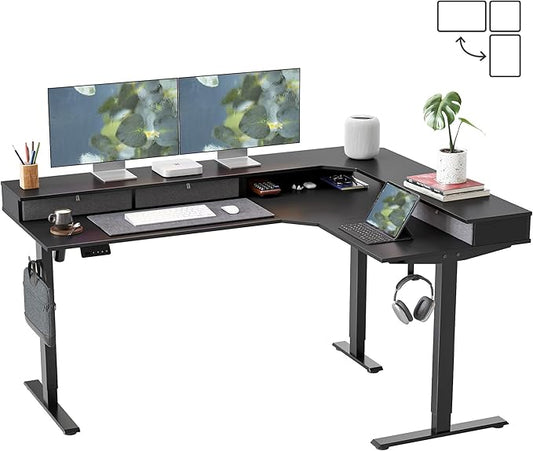 FEZIBO L Shaped Electric Standing Desk, 63 x48 inch Large with Drawers | Reversible Tabletop, 2 Memory Height Settings | Home Office & Gaming Height-Adjustable Table, Black Top/Black Frame