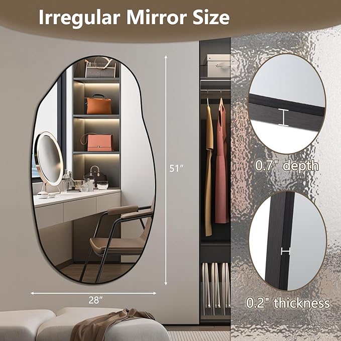 Mirrorons Irregular Wall Mirror 51×28, Black Asymmetrical Bathroom Mirror, Oval Aesthetic Full Length Mirror, Shatterproof Black Bathroom Mirrors