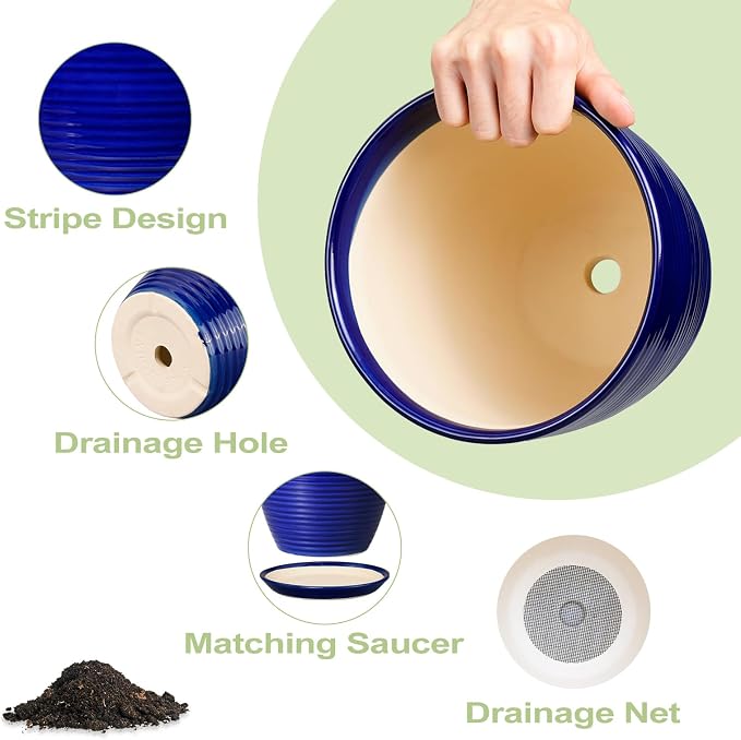 Ceramic Plant Pot - 6 Inch Pots for Plants, Round Ceramic Planters with Drainage Hole and Saucer, Decorative Flower Pots for Indoor Plants, Room Desk Decor, Housewarming Gifts, Glossy Blue