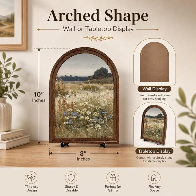 Rustic Farmhouse Tabletop Decor Sign, Arched Wooden Frame Wildflower Meadow Artwork for Desk Shelf Display, Soft Floral Landscape Accent, Gift for Home Decor Lovers