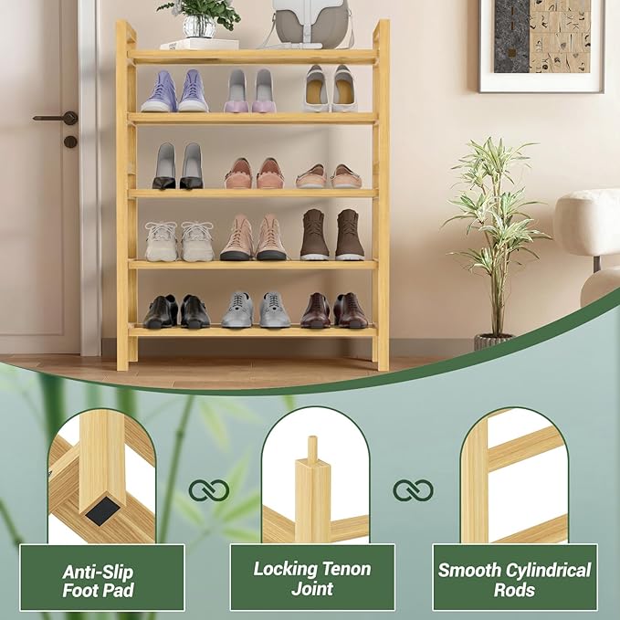Haddockway Bamboo Shoe Rack for Closet, Free Standing Shoe Organizer with Smooth Round Rods & Convenient Handles, Stackable Shoe Storage Shelf for Entryway, Hallway(Natural, 5-Tier)