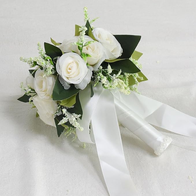 Wedding Bouquets for Bride Bridesmaid Bouquet Ivory Bridal Bouquet Artificial Roses for Wedding Church Home Decoration (Ivory)