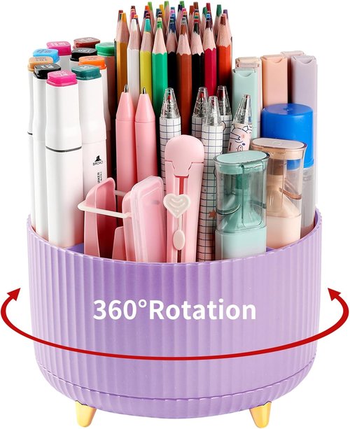 Skiennix 360° Rotating Desk Pencil Holder - 5 Slot Organizer for Office & Home - Purple