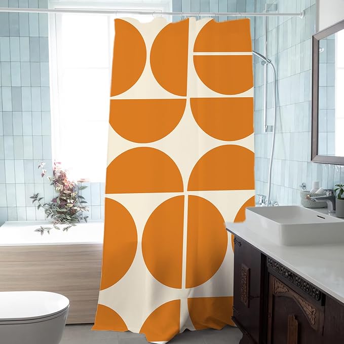 Orange Shower Curtain Sets,Modern Abstract Geometric Art Bath Curtain for Bathroom,Waterproof Fabric Polyester Mid Century Curtain with 12 Hooks, 36 x 72 Inches