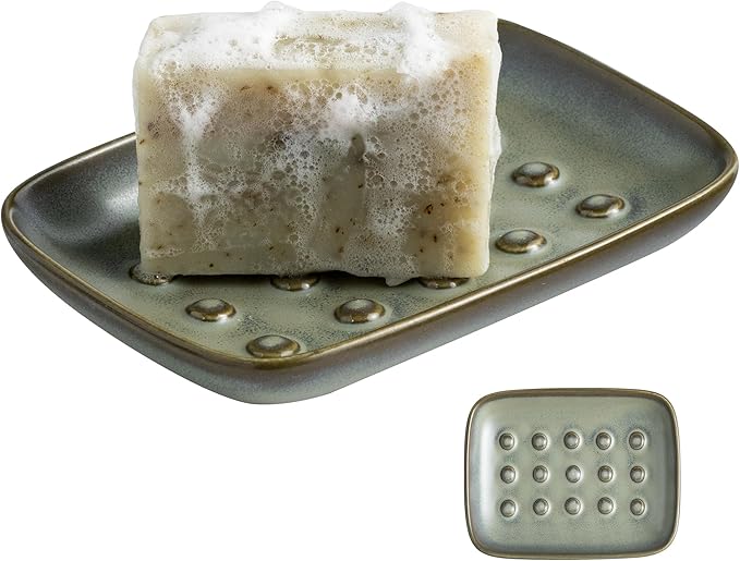 Miamolo Ceramic Soap Dish for Shower, Non-Slip Bar Soap Saver Tray Bar for Bathroom Kitchen Sink Bathtub, Easy to Clean, Dishwasher Safe, Raised Pattern - Keep Soap Dry, Dark Green