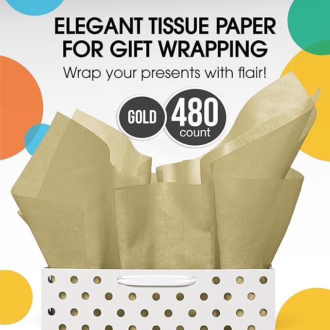 Party Solids Gold Tissue Paper for Gift Bags - 20" X 30" Bulk Tissue Paper Gold 480 Sheets - 10lb Newsprint for Packing, Birthday Gift Box Filler, Packing Supplies for Moving Supplies