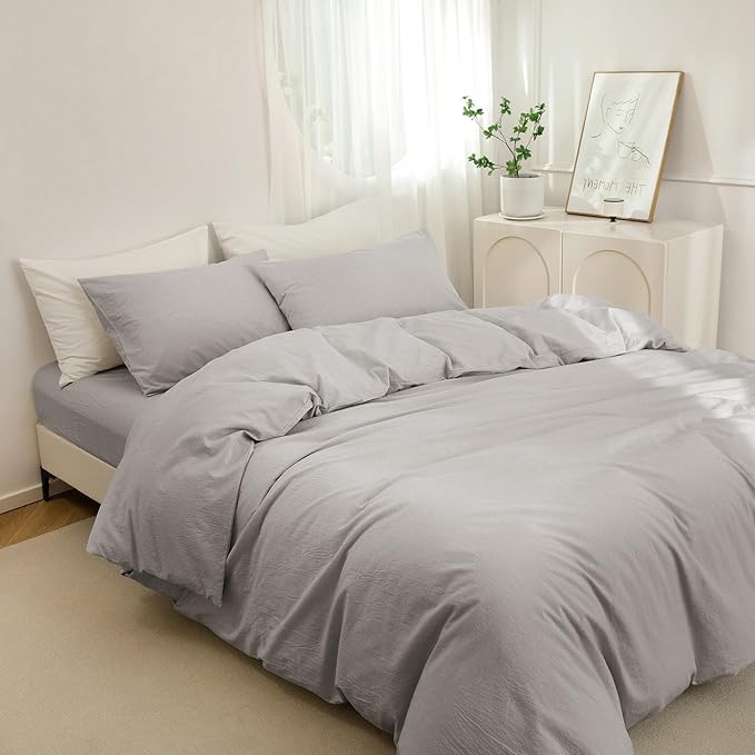 JIYUAN 100% Washed Cotton Duvet Cover Set 3 Pieces Cal King, 1 Duvet Cover 104x98 Inches(Comforter Not Included) and 2 Pillowcases,Linen Feel Bedding Set Comfy and Breathable, Heathered Pastel Grey