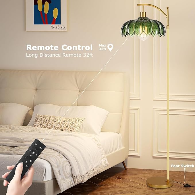 QIYIZM Glass Floor Lamp for Living Room,Bedroom,Gold Dimmable Standing Lamp with Remote,Mid Century Modern Brass Tall Lamp Boho Vintage Retro Floor Lamps Arc Green Flower Floor Light Lamp Bohemian