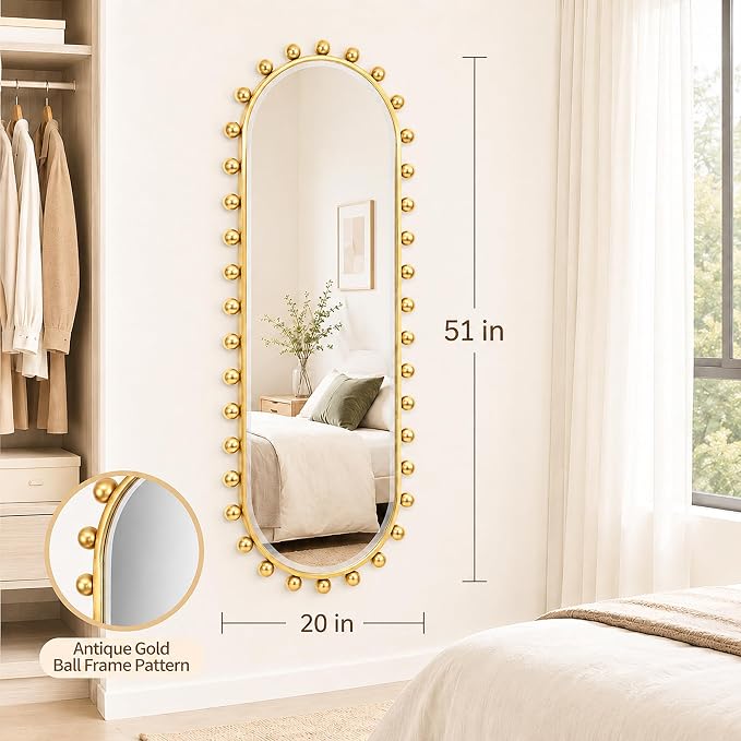Oval Full-Length Wall Mounted Mirror 20" x 51", Antique Gold Beaded Beveled Mirror with Ball Frame, Vertical & Horizontal Hanging Wall Mirror for Bathroom, Bedroom, Dressing Room, Entryway
