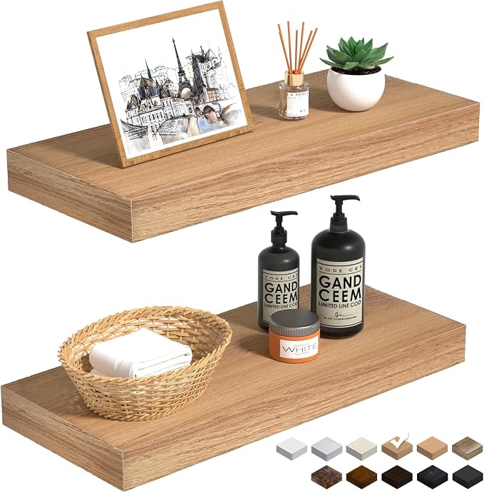 Oak Floating Shelves Wood for Wall 15.7in Wall Mounted Display Ledge Shelves Perfect for Bedroom, Bathroom, Living Room and Kitchen Decoration Storage (Set of 2)