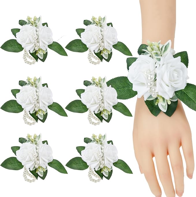 Meldel White Ivory Rose Prom Wrist Corsage for Wedding, Set of 6, Bridesmaid Bridal Hand Flowers Corsage for Prom, Wrist Flower for Wedding Ceremony Anniversary, Dinner Party, Rustic Vintage Wedding