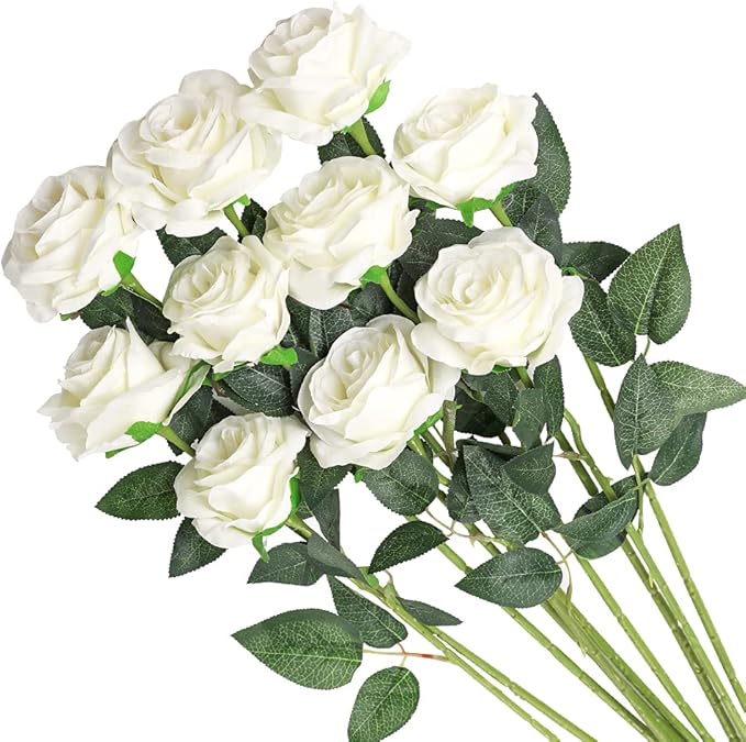 Veryhome Artificial Flowers Silk Roses Fake Bridal Wedding Bouquet for Home Garden Party Floral Decor 10 Pcs (White Curved stem)