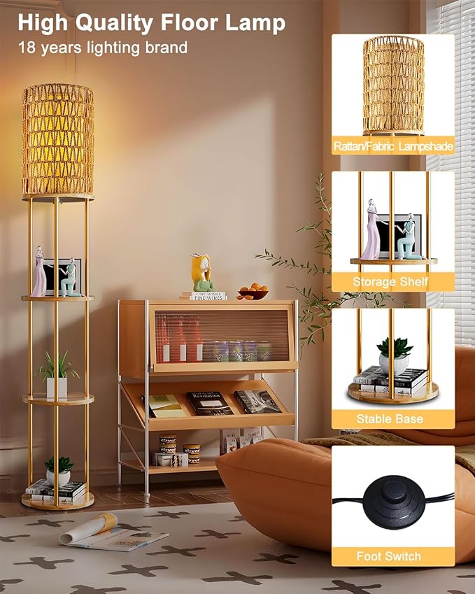 Lightdot 61" Rattan Floor Lamp with Shelves, 3-Tier Storage Shelves with 3000K Bulb Included, Solid Wood Design, Corner Bookshelf Floor Lamps for Living Room/Sofa Beside/Corner Decor-Gold