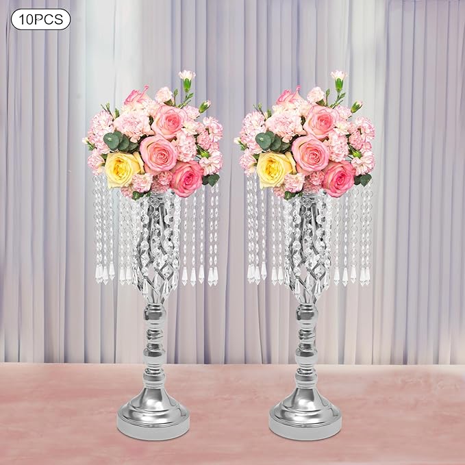 Vase | Bud Vases |10PCS Gold Crystal Flower Stands | Elegant Centerpiece for Weddings & Events | for Wedding Table Centerpieces, Aisle Guides, Party Decorations (Silver)